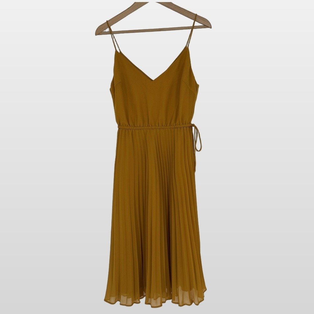 ASOS Pleated Midi Dress 4 Mustard Yellow Spaghetti Strap Elegant Wedding Guest - Picture 1 of 9